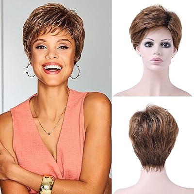 Perruques courtes brunes pour femmes mélangeant une perruque coupe lutin avec frange, cheveux