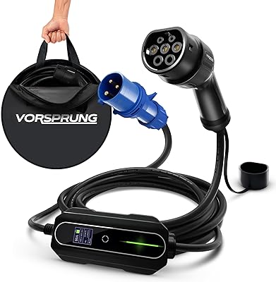 Chargeur portable forspring® type 2 ev (prise 3 broches) 10/16/20/24/32a/7,3kw avec affichage numérique