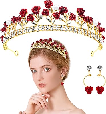 Diadèmes de reine de mariage rose rouge diadème de fleur d'or baroque princesse
