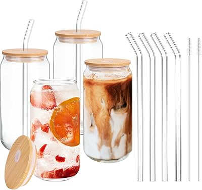 Pots à boire en verre avec couvercles en bambou et pailles en verre