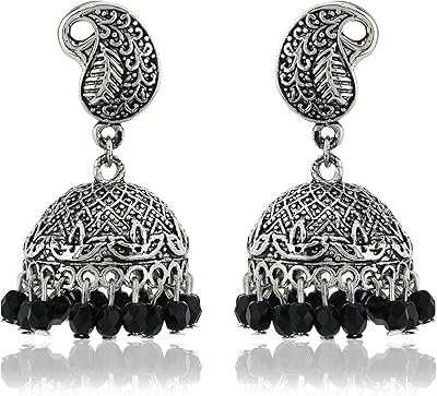 Boucles d'oreilles jhumka en cuivre oxydé plaqué argent estel avec perles noires
