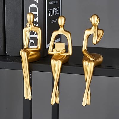 Pwbslai 3pcs sculpture de décor d'accent doré, statue de penseur, statue en résine