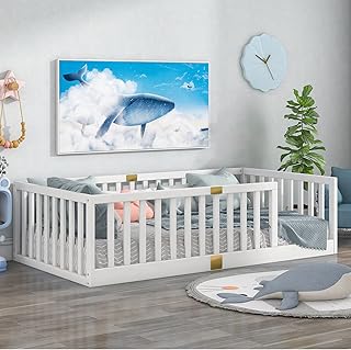 Lit double au sol tatop avec barrières de sécurité, lit au sol montessori