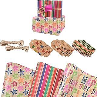 Papier d'emballage cadeau d'anniversaire avec étiquettes emballage marron plat pour anniversaires feuilles