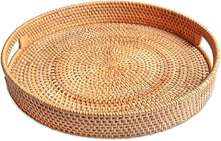 Plateau de service rond en rotin tissé à la main avec poignées ottomanes