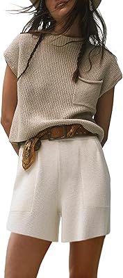 Ensemble pull tricoté deux pièces pour femme, pull uni taille haute et short