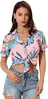 Chemise hawaïenne pour femme avec motif de feuilles de fleurs tropicales, chemise