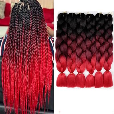 6 paquets de cheveux tressés noirs à rouges ombrés, extensions de cheveux synthétiques