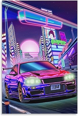 Affiche de voiture de nuit néon jdm 34 gtr, affiche de décoration murale