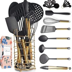 Ensemble d'ustensiles de cuisine noir et doré avec porte-ustensiles en acier. Diaytar Sénégal : Qualité garantie, prix imbattables, livraison rapide