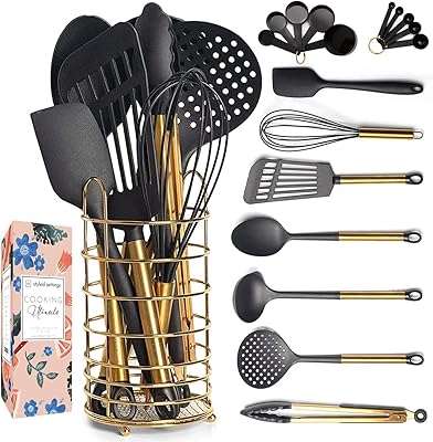 Ensemble d'ustensiles de cuisine noir et doré avec porte-ustensiles en acier