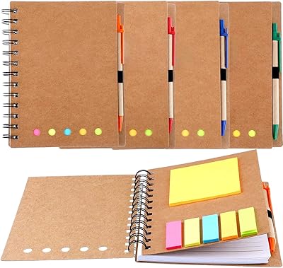 Lot de 4 carnets à spirales avec porte-stylo et notes autocollantes, onglets