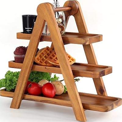 Plateau de service pliable à 3 niveaux support cupcakes en bois d'acacia