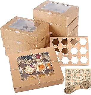 Paquet de 12 boîtes à cupcakes kraft avec fenêtre d'affichage transparente, support