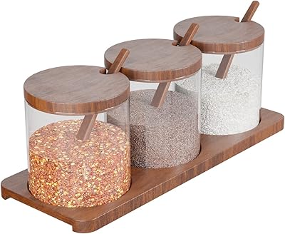Ensemble de 3 pots à épices en verre et bois avec plateau à