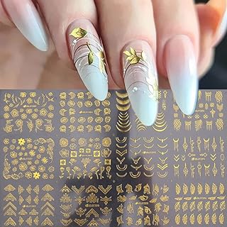 Autocollants pour nail art, 12 motifs de fleurs 3d dorés métalliques auto-adhésifs, fournitures
