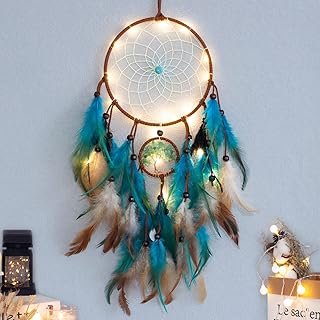 Attrape-rêves arbre de vie bleu avec plumes, lumières led mobiles faites à la main
