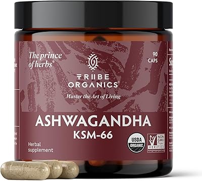 Tribe organics, poudre d'extrait de racine d'ashwagandha 600 mg ksm-66 herbe ayurvédique