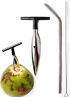 Ouvre-noix de coco oban avec paille en acier inoxydable, poignée en caoutchouc (noir)