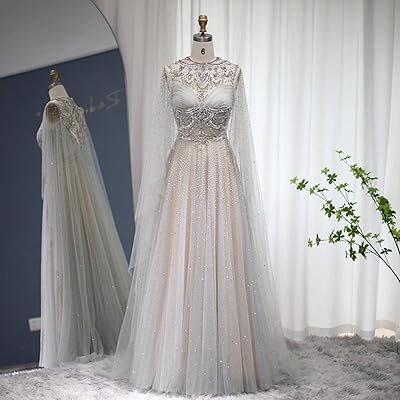 Robe de soirée de luxe en argent cristal avec longue robe arabe