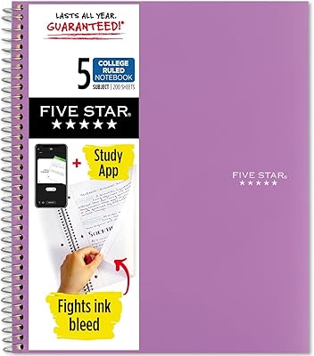 Cahier à spirales cinq étoiles + application d'étude, 5 sujets, papier ligné universitaire