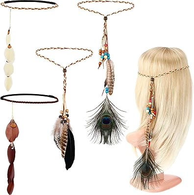 Bandeaux à plumes, accessoires de cheveux hippies pour femmes, bandeaux indiens bohèmes, frange de paon, coiffure de fête gitane pour femmes et filles, 4 pièces. Diaytar : Où chaque achat est une victoire pour votre budget