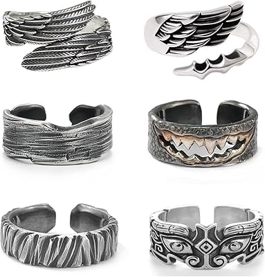 6 pièces anneaux ouverts classiques pour hommes ailes d'ange ensemble de bagues