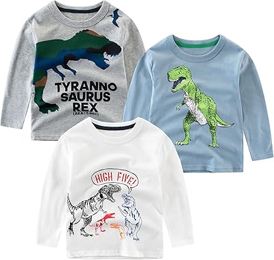 Supfans - lot de 3 t-shirts t-rex à manches longues pour tout-petits garçons