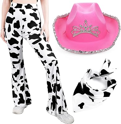 Ensemble de tenue 3 pièces western cowgirl pour femme comprenant un chapeau de cow-girl rose avec un bandana et un pantalon à imprimé vache. Diaytar : Des prix mini pour un service maxi
