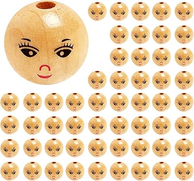 55 pièces de perles rondes en bois avec visage souriant, perles de tête