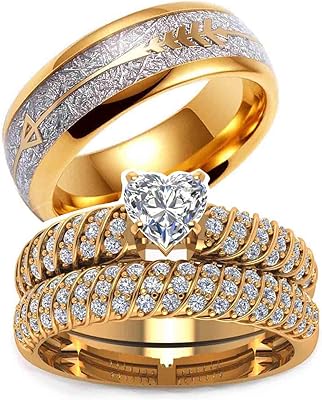 Ensemble de 2 alliances pour femmes, plaqué or jaune 10 carats, motif cœur