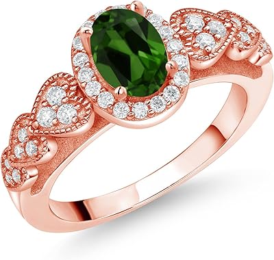 Bague ovale en argent plaqué or rose 18 carats avec diopside moissanite chromée