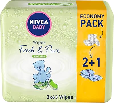 Lingettes humides nivea fresh & pure baby à l'aloe vera, sans alcool, 3×63