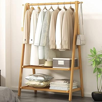Portant à vêtements en bambou, portant à suspendre avec étagère double couche