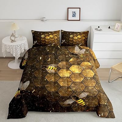 Manfi parure de lit queen size avec motif abeille mignonne, parure de lit 3 pièces à imprimé nid d'abeille pour bébés garçons et filles, couette à motif géométrique avec 2 taies d'oreiller. Commandez malin, vivez mieux avec Diaytar