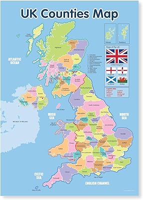 Affiche de carte des comtés britanniques plastifiée a4