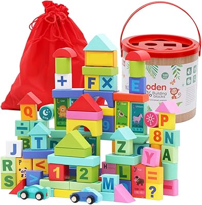 Ensemble de blocs de lettres de l'alphabet en bois avec sac en filet