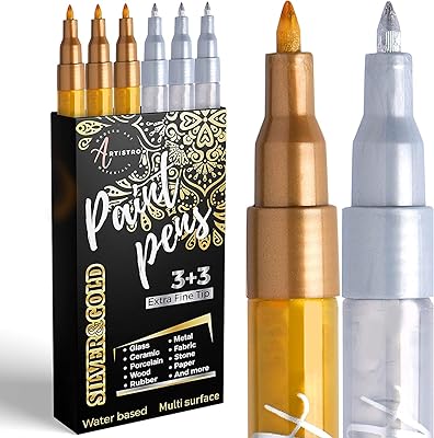 Stylos de peinture acrylique pour peindre des roches, des points, de la céramique, du verre, du bois, du tissu, du métal, du scrapbooking. (paquet de 6) ensemble de 3 stylos de peinture acrylique dorés et 3 stylos aquarelle ultra fins à base de 0,7 mm. Diaytar : L'excellence du service, la douceur des prix