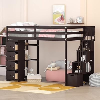 Lit mezzanine double mirax avec tiroirs de rangement et échelles lit en bois