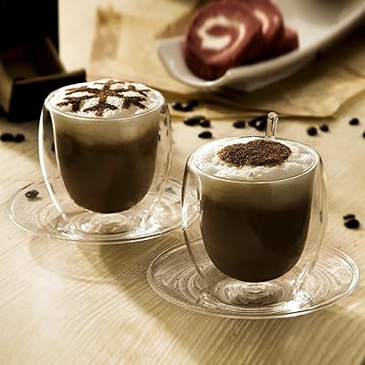 Tasse à double paroi saphir de 250 ml, lot de 2 de i® avec cuillère en verre, 2 soucoupes et emballage sûr pour café, thé, latte, expresso, americano et cappuccino 8,5 oz (250 ml). Diaytar : Vivez l'expérience du shopping malin