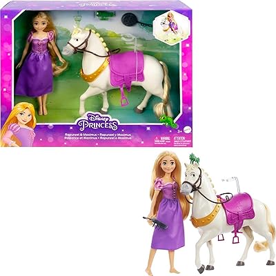 Poupée disney raiponce avec cheval maximus, figurine pascal, brosse et accessoires d'équitation inspirés