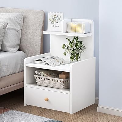 Armoire de rangement de chevet okoz® avec tiroir et étagère (blanc 1)