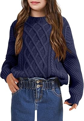 Pull tricoté à manches longues et col rond pour filles joli