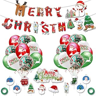 Bannière de joyeux anniversaire et bandes de ballons, décorations d'arbre de noël, fournitures