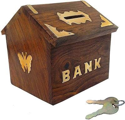 Tirelire artisanale en bois en forme de chalet avec serrure, boîte à monnaie