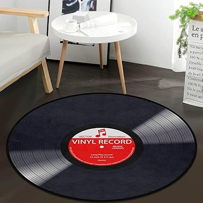 Tapis de sol rond noir avec disque de musique, pour chambre à coucher