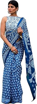 Shivanya handicrafts sari mumul en coton imprimé indigo pour femme, chemisier attaché (indigo)