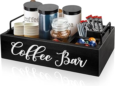 Organisateur de station de café en bois pour comptoir de café, organisateur d'accessoires de bar à café, organisateur d'accessoires de café de style ferme, tasse de café k et panier de rangement avec poignée - noir. Diaytar : Le discount nouvelle génération au Sénégal