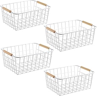 Panier de rangement alimentaire en fil métallique avec poignées en bois, paniers