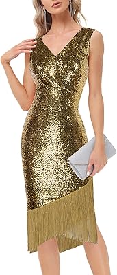 Robe à paillettes pour femme sans manches col en v ourlet portefeuille